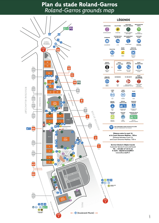 Mapa completo de las instalaciones de Roland Garros con todas las pistas, entradas y servicios